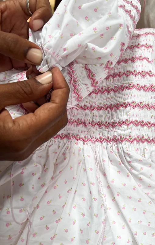 White and Pink Daisy Preppy Smocked Dress