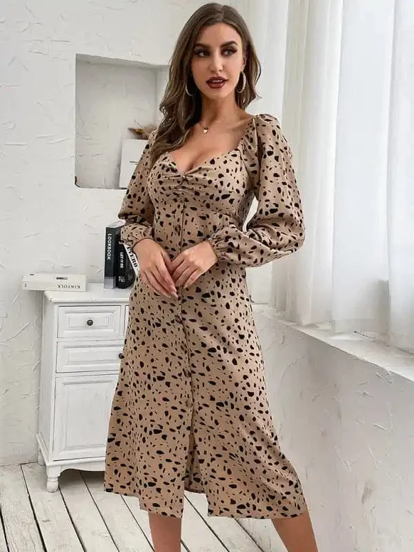 Women’s retro women’s leopard print backless long-sleeved elegant dresses