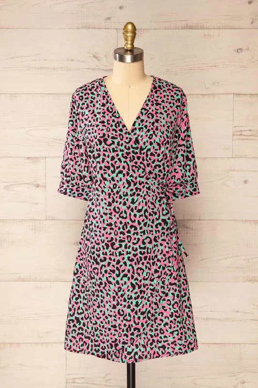 Zekia Pink | Leopard Print Short Sleeve Wrap Dress