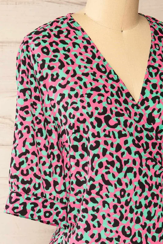 Zekia Pink | Leopard Print Short Sleeve Wrap Dress