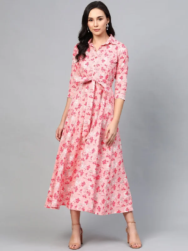 Women's Pink Floral Printed Shirt Collar Cotton A-Line Dress - Nayo Clothing