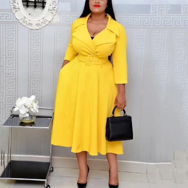 Sixsr African Fashion Women Dresses Office Style High Waist A Line Yellow Mid Calf Elegant Business Work Wear Clothes Dress Midi New