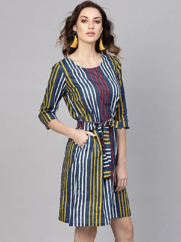 Women's  Blue & Yellow Striped A-Line Dress - AKS