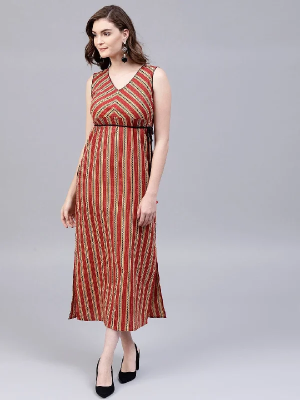 Women's  Rust Red & Beige Striped Empire Dress - AKS