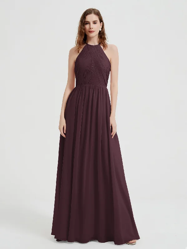 Halter Chiffon Dresses with Pleated Bodice Cabernet