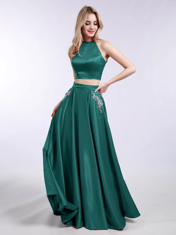 Two Piece Satin Prom Dress with Pockets Peacock