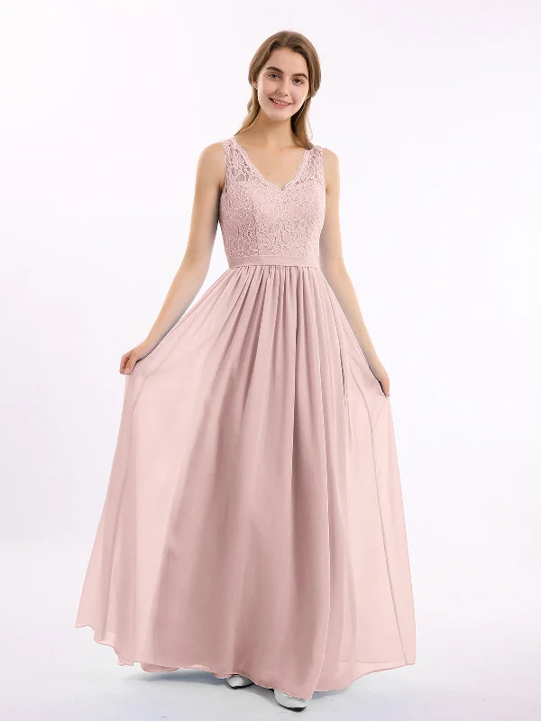 Lace Top and Chiffon Bottom Long Dresses Dusty Rose