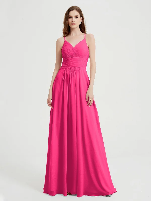 Spaghetti Strap V neck Chiffon Dress with Pockets Fuchsia