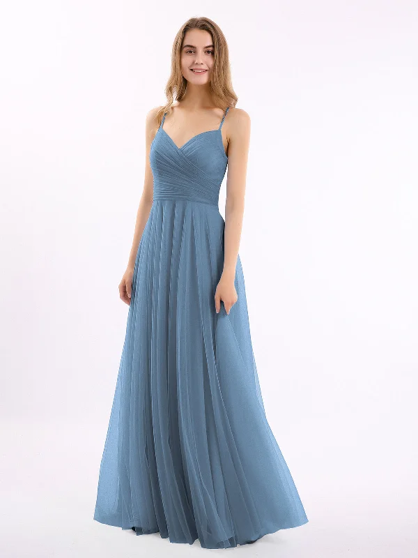 Spaghetti Strap Long Tulle Dress with Sweetheart Slate Blue