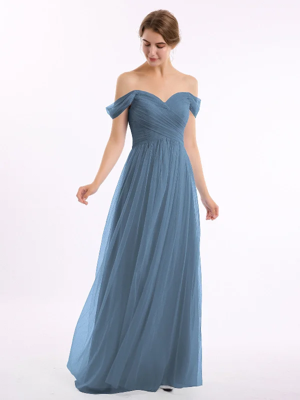 Off the Shoulder Sweetheart Neck Tulle Dress Slate Blue