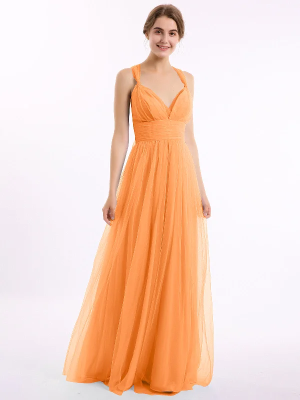 Convertible Back Floor Length Tulle Dresses Orange