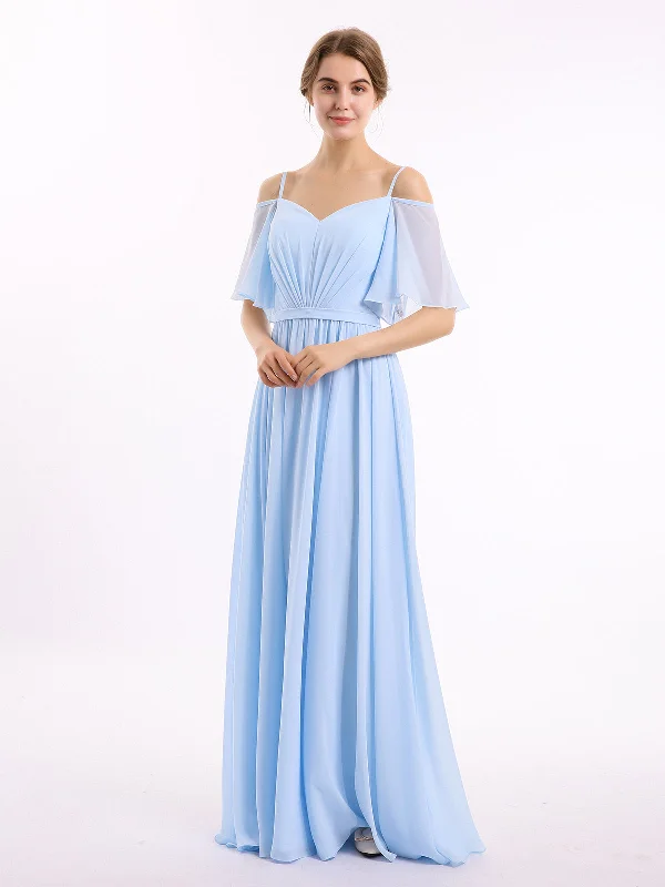 Spaghetti Strap Off Shoulder Chiffon Dresses Sky Blue