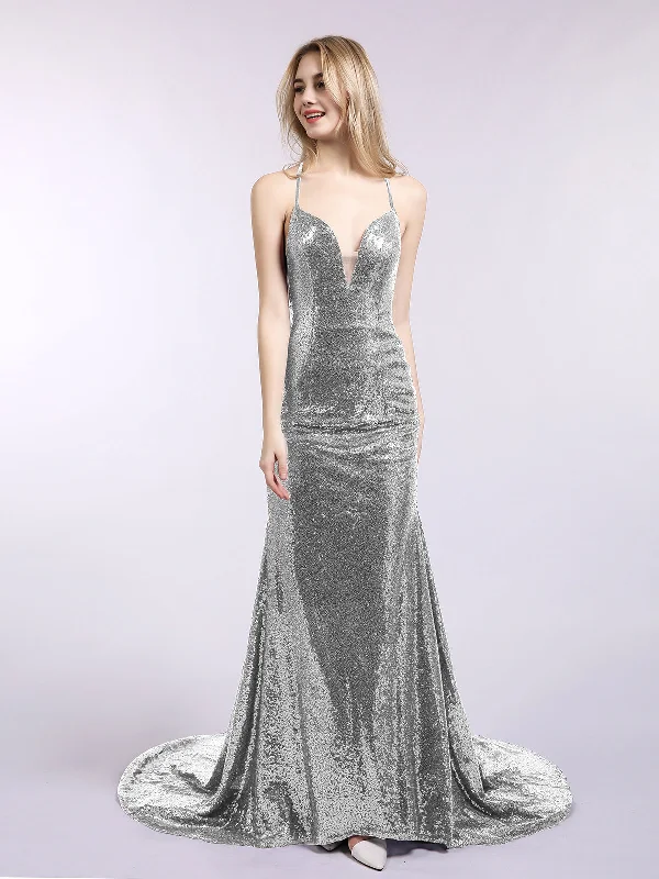 Backless Mermaid Sequins Gown with Train-Silver