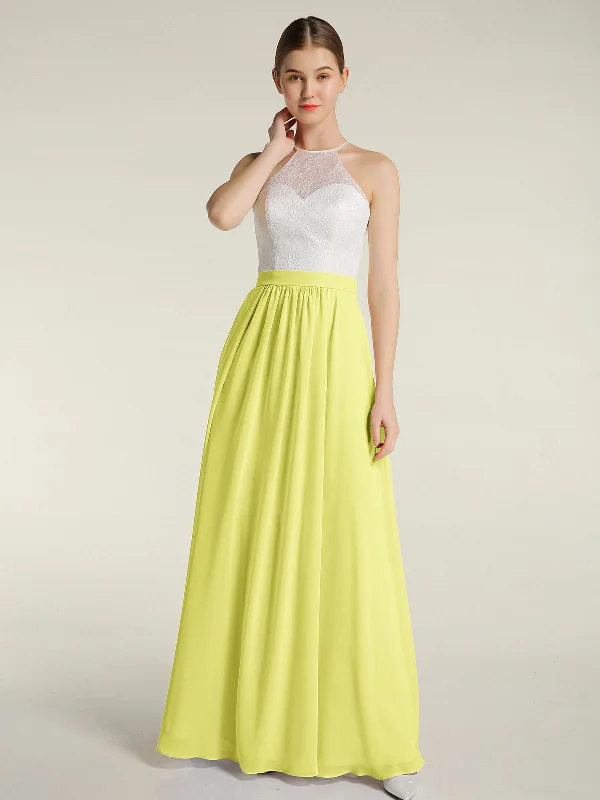 Chiffon Long Dresses with Ivory Lace Bodice-Daffodil