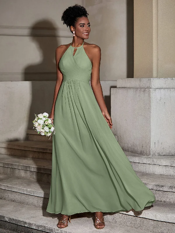 Halter Chiffon Long Dresses for Bridesmaids-Dusty Sage