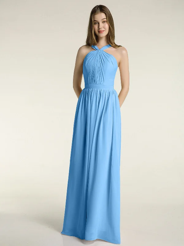 Y-neck Long Chiffon Bridesmaid Dresses-Blue