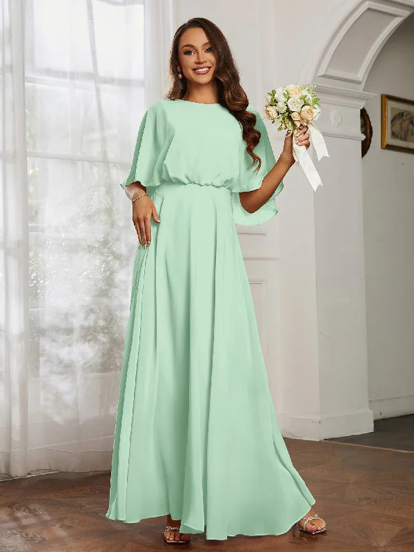 Flutter Sleeves Long Chiffon Bridesmaid Dresses-Mint Green