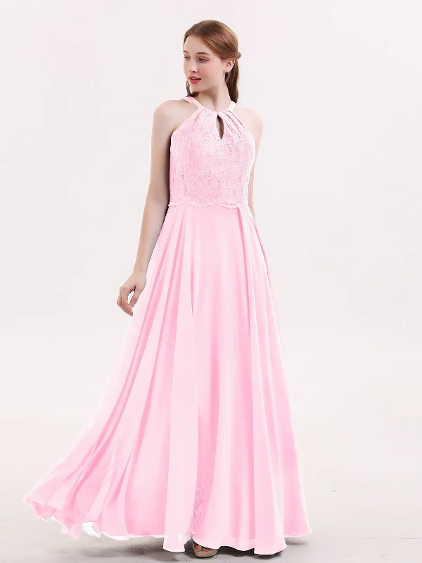 Lace and Chiffon Halter Dress with Open Back-Candy Pink