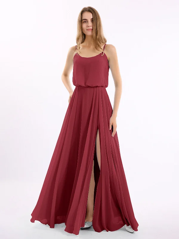 Spaghetti Strap Scoop Chiffon Dresses with Slit Burgundy