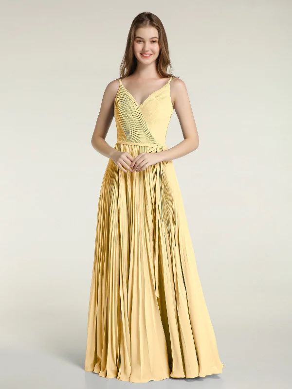 V-neck Full Pleated Skirt Dresses with Bow Sash-Gold