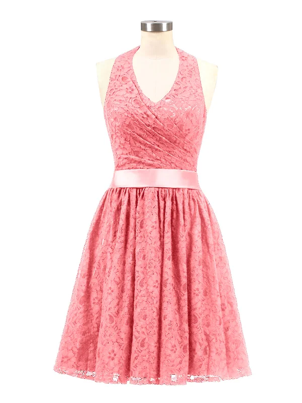 Halter V-neck Lace Dress with Satin Sash-Watermelon