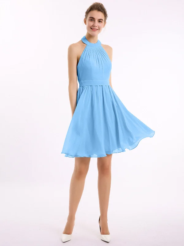 Halter Chiffon Short Bridesmaid Dresses-Blue