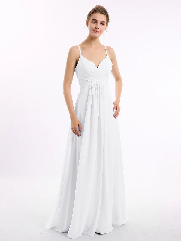 Spaghetti Strap V-neck Chiffon Dresses-White