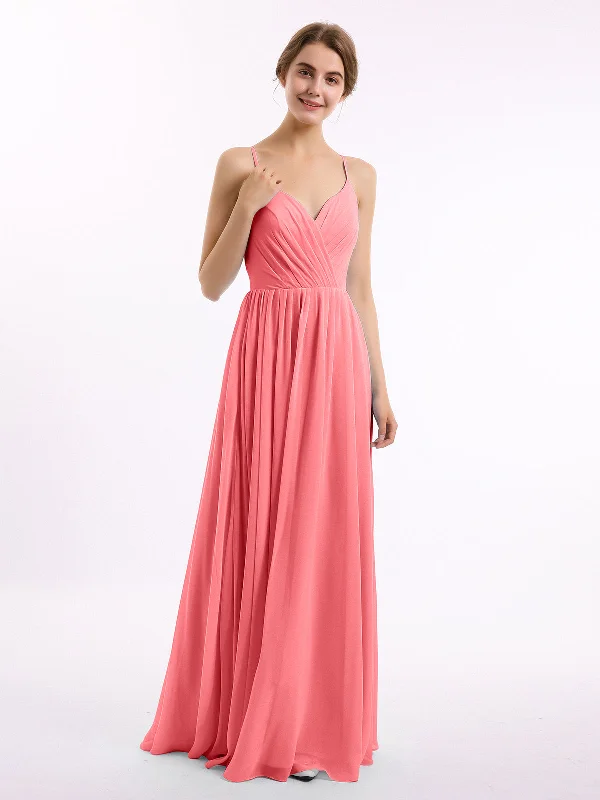 Chiffon Bridesmaid Dresses with Spaghetti Straps-Watermelon