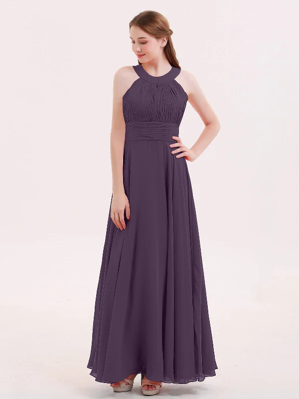 Halter Neck Open Back Chiffon Bridesmaid Dress-Plum