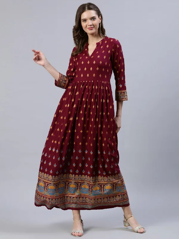 Women's Burgundy Printed Dress With Three Quarter Sleeves - Nayo Clothing