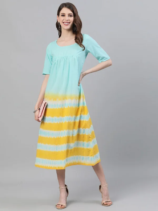 Women's Blue & Yellow Tie and Dye A-Line Dress - AKS