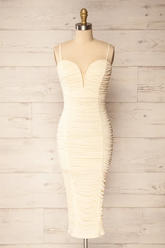 Caen Ivory | Ruched Fitted Midi Dress