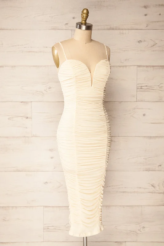 Caen Ivory | Ruched Fitted Midi Dress