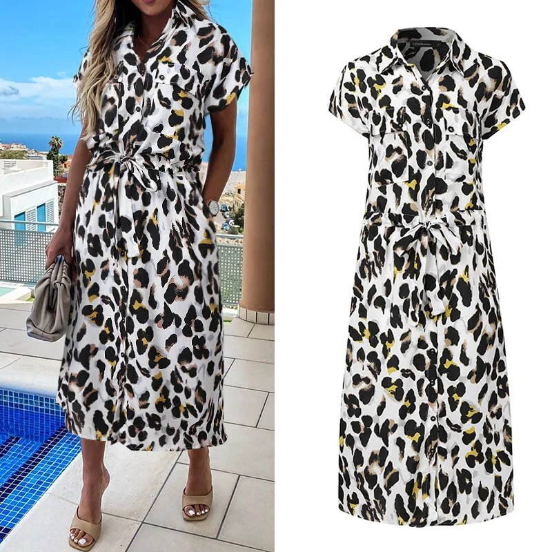 Sixsr Summer Sundress Women Elegant Dress Plus Size Short Sleeve Casual Loose Buttons High Waist Work Midi Vestidos Robe