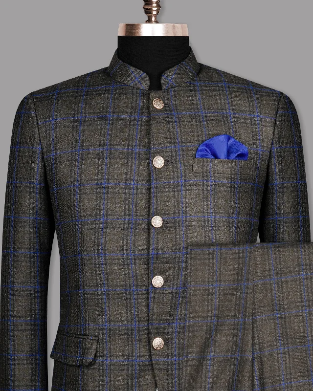 Charcoal Windowpane Bandhgala/Mandarin Suit