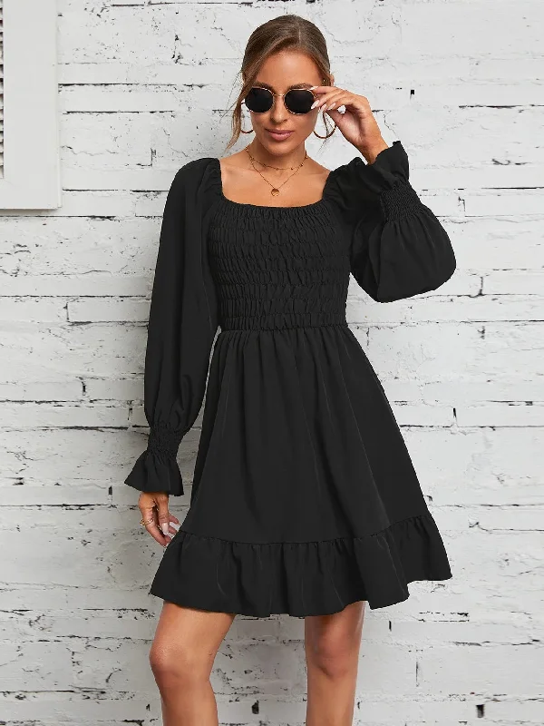 Pleated Chiffon High Waist Square Collar Flare Sleeve Knee Length Ruffles Dress