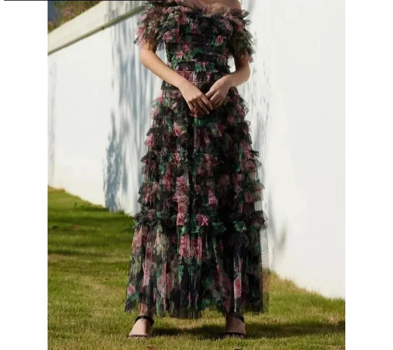 MegaBetty - Floral Sweet Elegant Women's Mesh Dress Slash Neck High Waist Edible Tree Fungus Casual Midi Cloth New Summer 2024