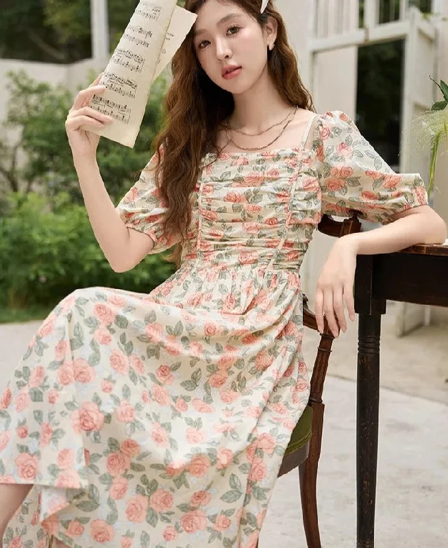 MegaBetty - Floral Dress 2024 Summer French 100 Cotton A-LINE Puff Sleeve Slash Neck Square Neck Folds Waist Long Dresses