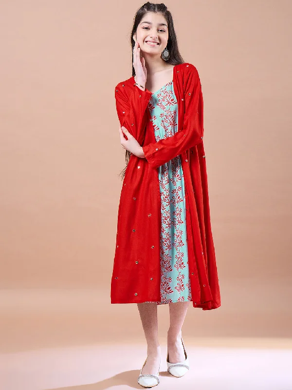 Girls Ethnic Motifs Print Cotton Round Neck A-Line Midi Dress With Shrug - PS Peaches