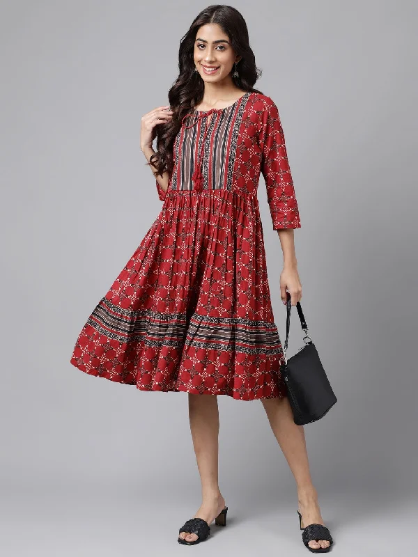 Women's Ethnic Motifs Printed Maroon Cotton Dress - Janasya