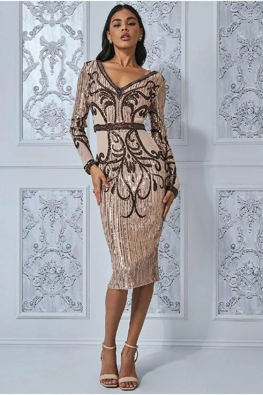 Goddiva Sequin & Mesh Embroidered Midi - Champagne