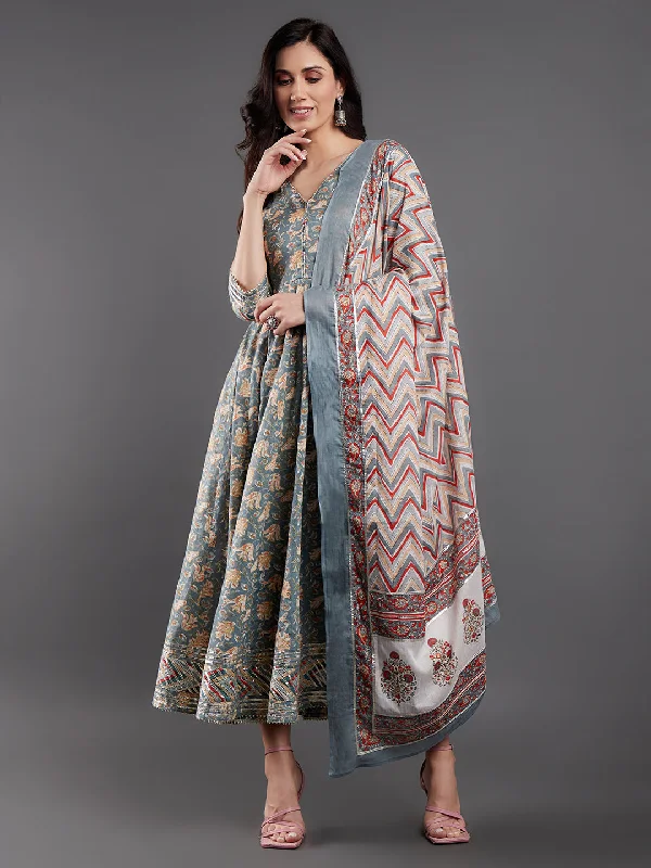 Women's Grey Floral Printed Maxi Dress With Dupatta - Aks