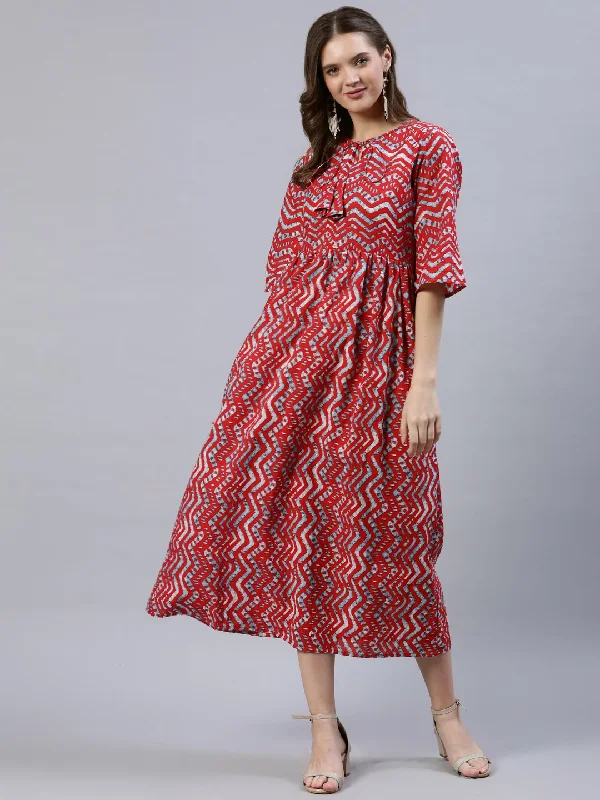 Women's Red Zig-Zac Printed Dress With Three Quarter Sleeves - Nayo Clothing