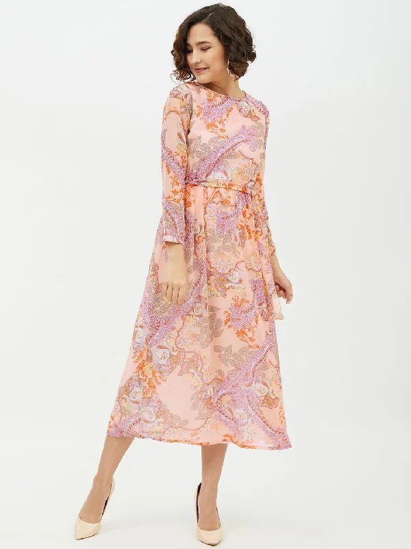 Women's Peach Printed Long Dress - StyleStone