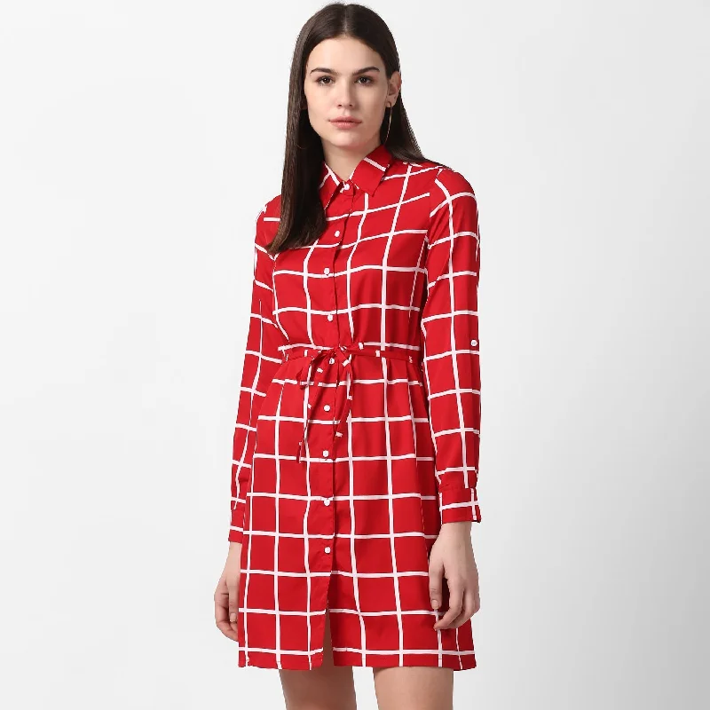 Women's Red and White Check Shirt Dress with Belt - StyleStone