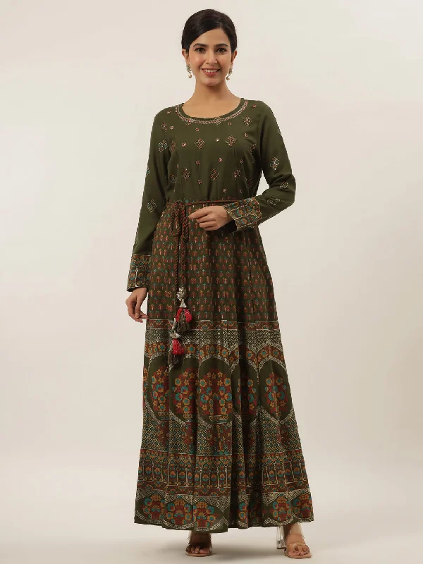 Women's Green Mirror Work Cotton Maxi Dress - Yufta