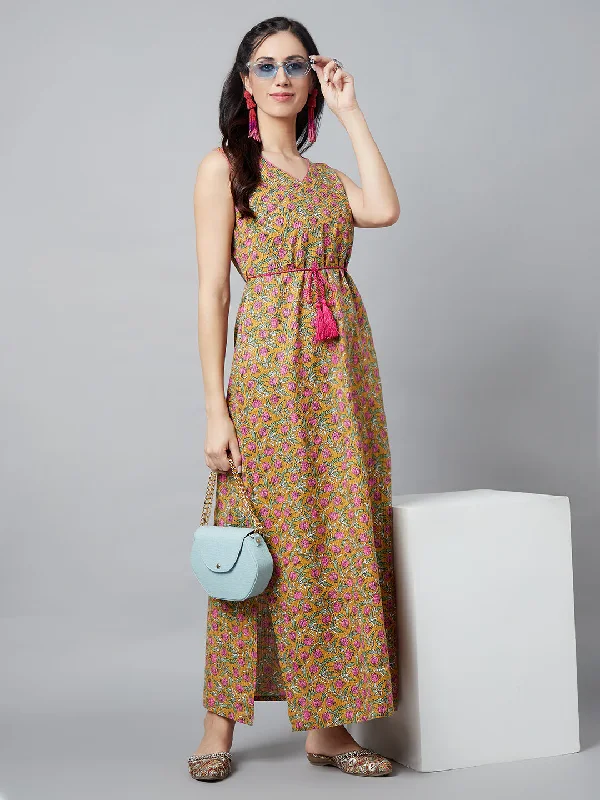 Women's Mustard Floral Print Dress - Aks