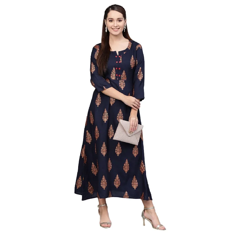 Women Navy Blue Cotton Printed Dress by Myshka (1 Pc Set)