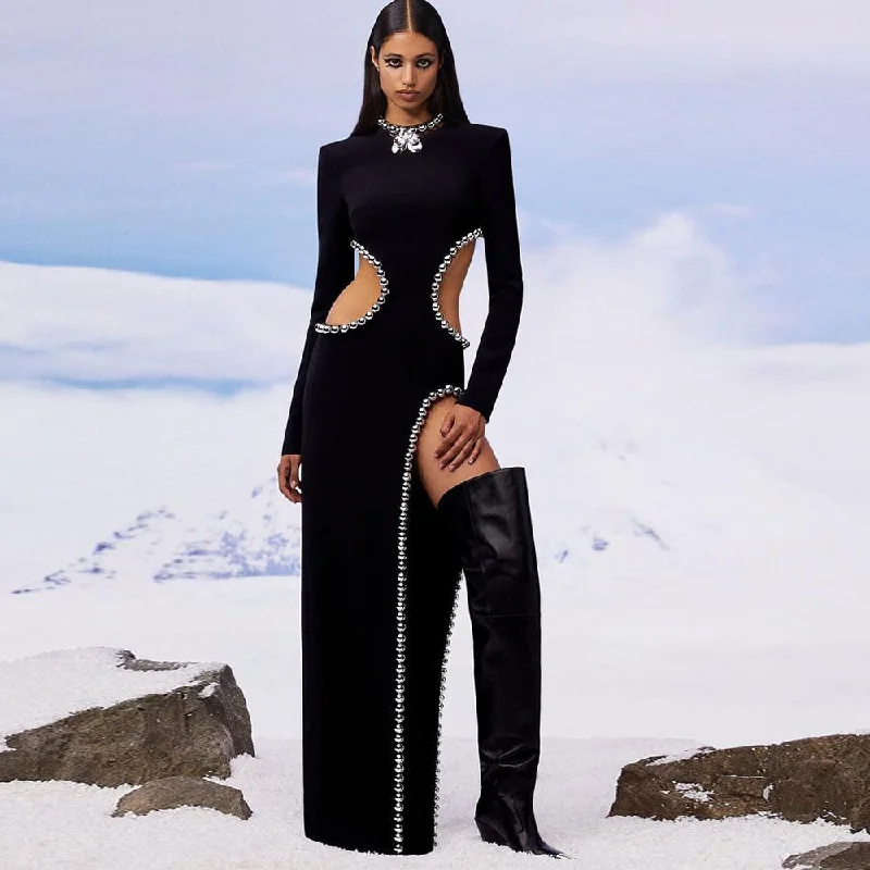 New Style Women's Sexy O Neck Cutout Black Beaded Long Bodyband Dress Elegant Celebrity Party Dress