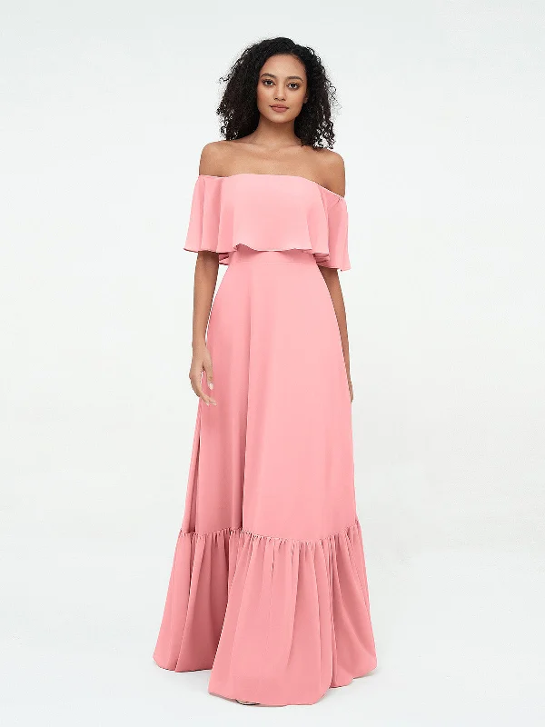 Off Shoulder Chiffon Tiered Skirt Max Dresses-Flamingo